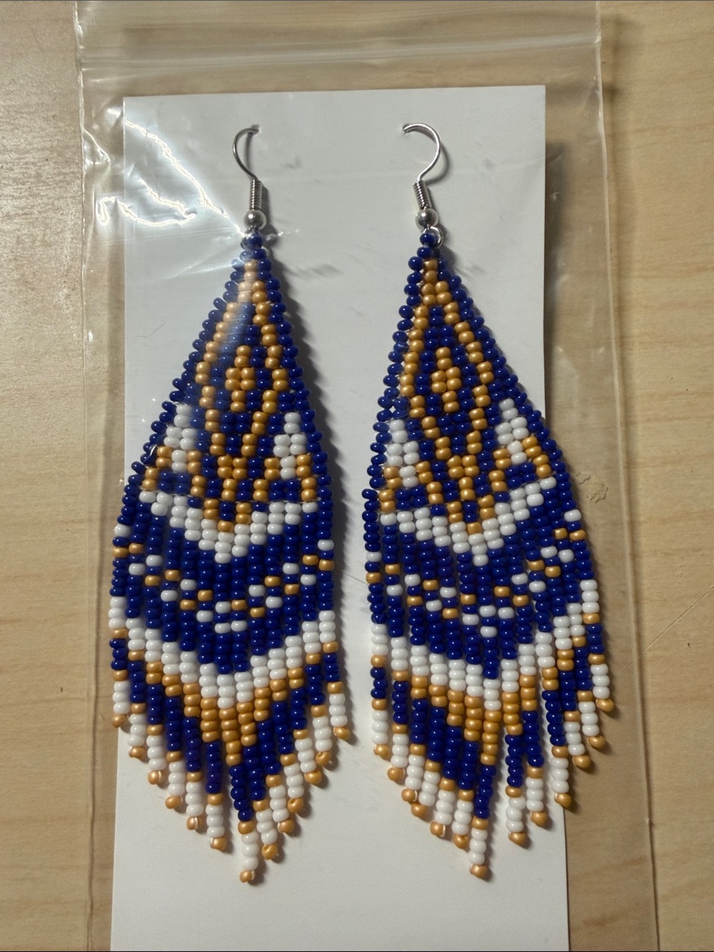 Indigenous Handmade Beaded Fringe Earrings - Blue White Gold